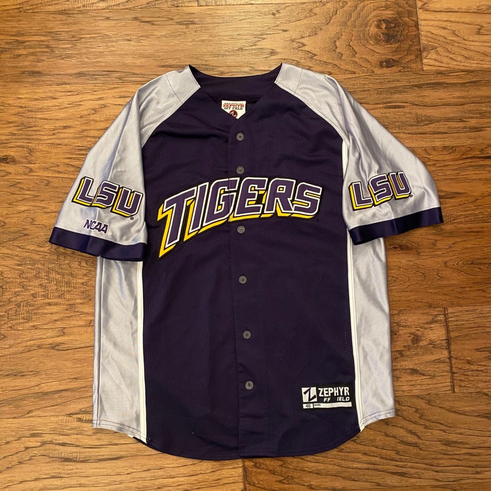 LSU Tigers Baseball Jersey Mens 40 Purple Grey Button Front NCAA Mesh